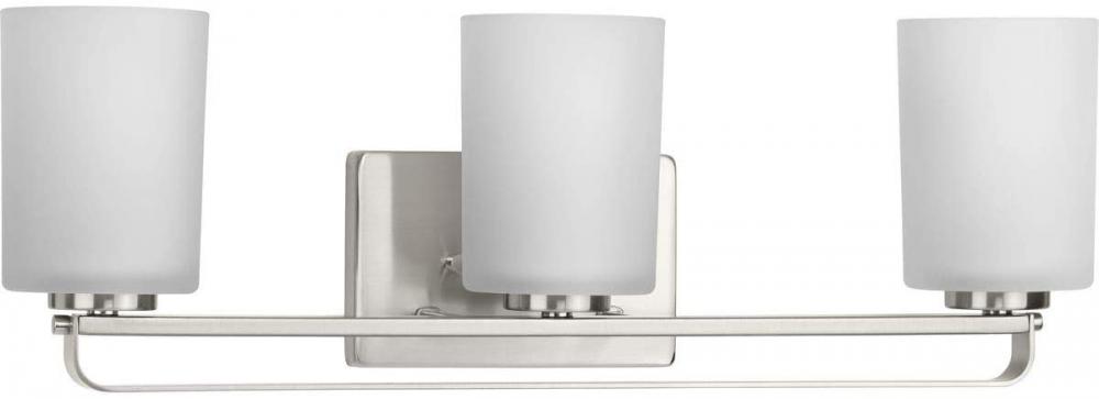 League Collection Three-Light Brushed Nickel and Etched Glass Modern Farmhouse Bath Vanity Light