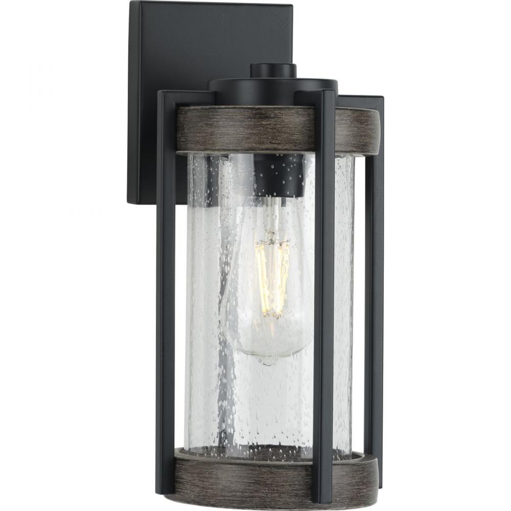 Whitmire Collection  One-Light Matte Black with Aged Oak Accents Clear Seeded Glass Farmhouse Outdoo