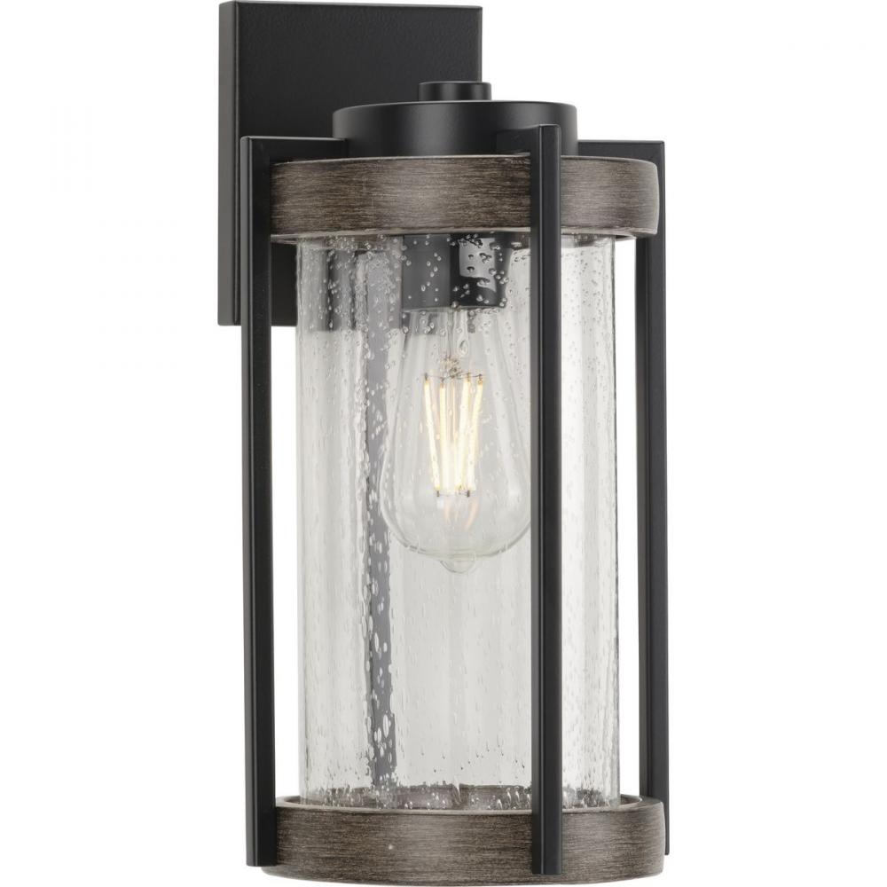 Whitmire Collection  One-Light Matte Black with Aged Oak Accents Clear Seeded Glass Farmhouse Outdoo