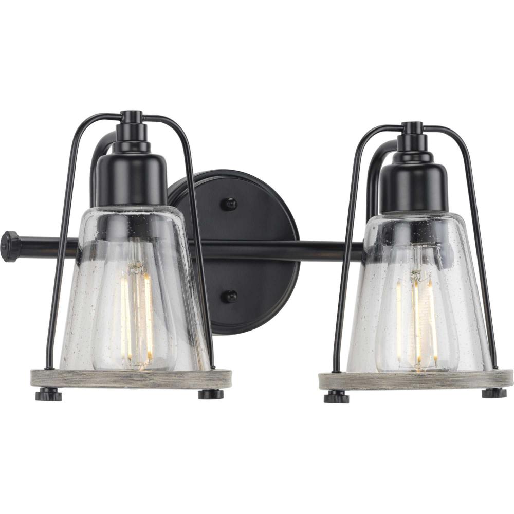 Conway Collection Two-Light Matte Black and Clear Seeded Farmhouse Style Bath Vanity Wall Light
