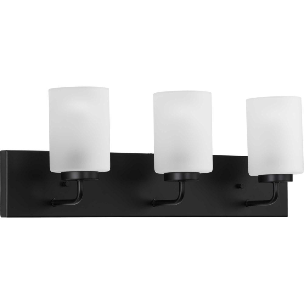 Merry Collection Three-Light Matte Black and Etched Glass Transitional Style Bath Vanity Wall Light