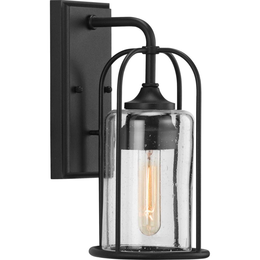 Watch Hill Collection One-Light Textured Black and Clear Seeded Glass Farmhouse Style Small Outdoor