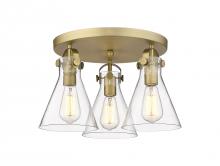 Innovations Lighting 410-3F-BB-G411-7CL - Newton Cone - 3 Light - 18 inch - Brushed Brass - Flush Mount
