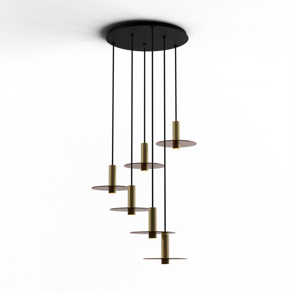 Combi Pendant 6&#34; Circular 6 Combo Brass with Matte Black Canopy, 9&#34; glass plate (Tea Brown)