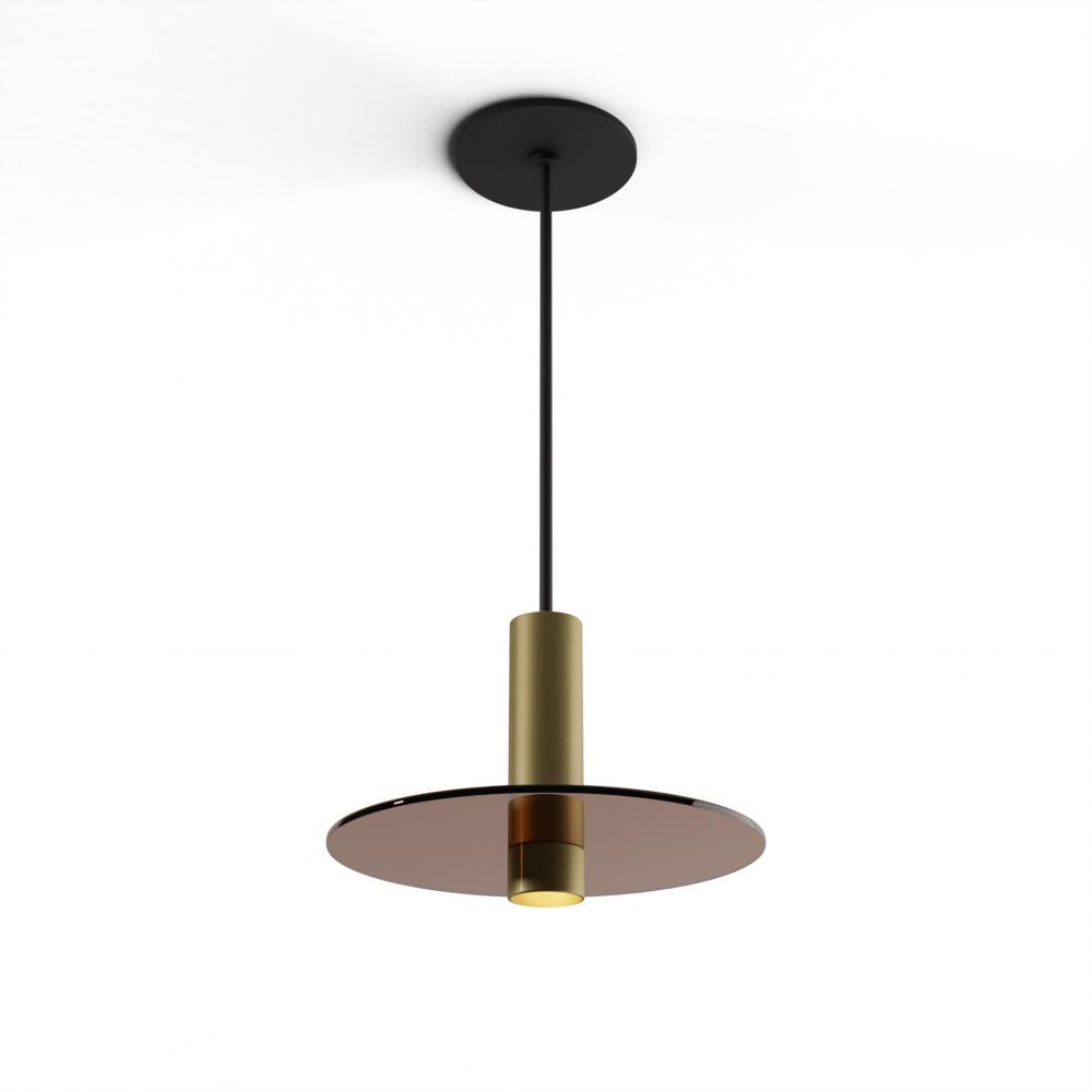 Combi Pendant 6&#34; Single Unit Brass with Matte Black Canopy, 9&#34; glass plate (Tea Brown) attac