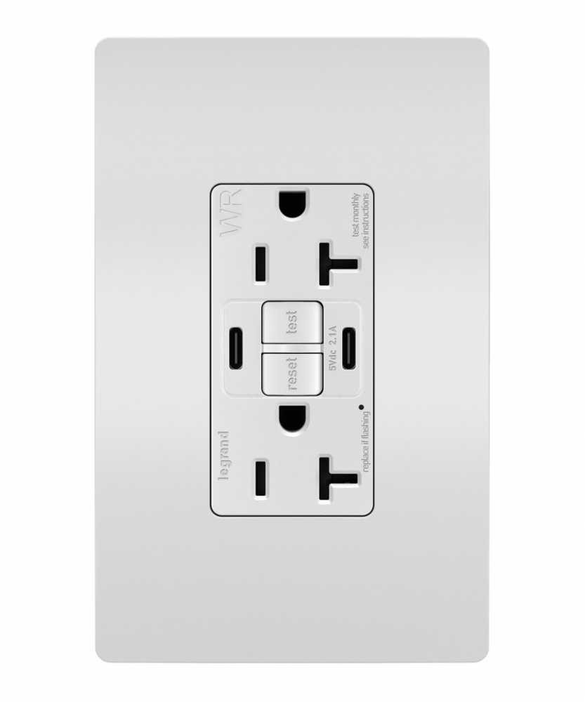 radiant Tamper-Resistant Weather-Resistant Duplex Self-Test GFCI with USB Type C/C Outlet, White
