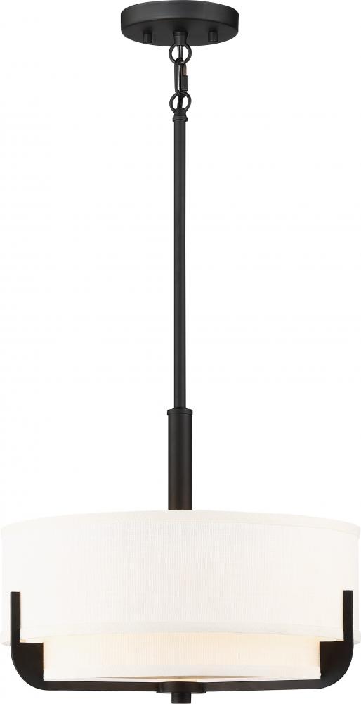 Frankie - 3 Light 15&#34; Pendant with Cream Fabric Shade & Frosted Diffuser - Aged Bronze Finish