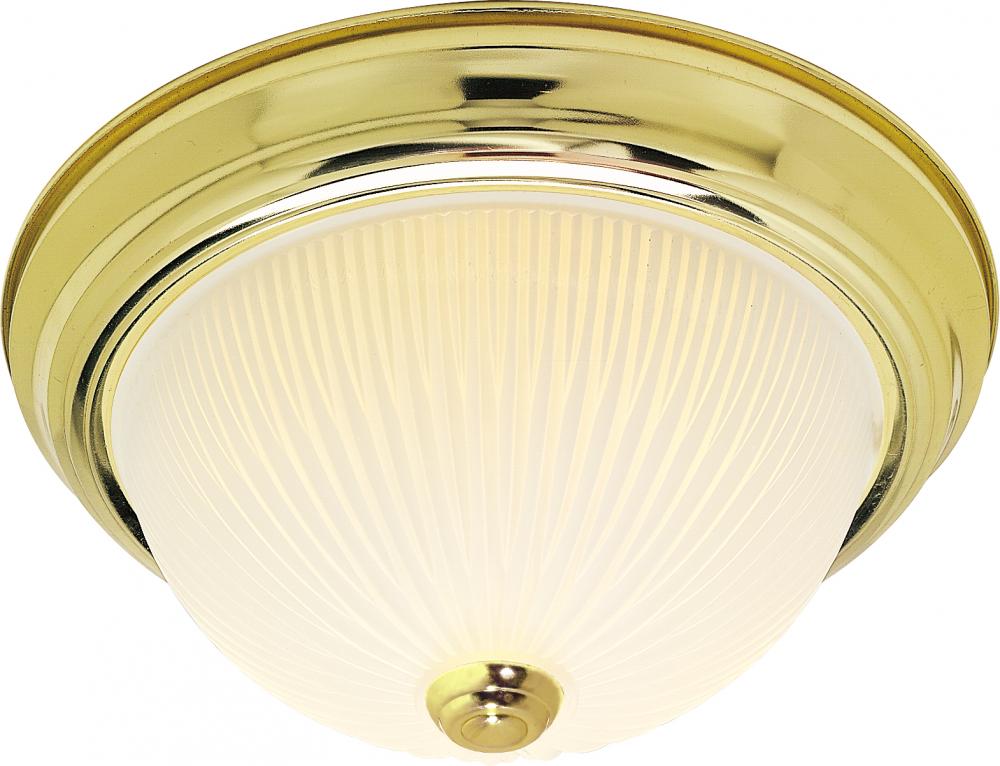 2 Light - 13&#34; Flush with Frosted Ribbed - Polished Brass Finish